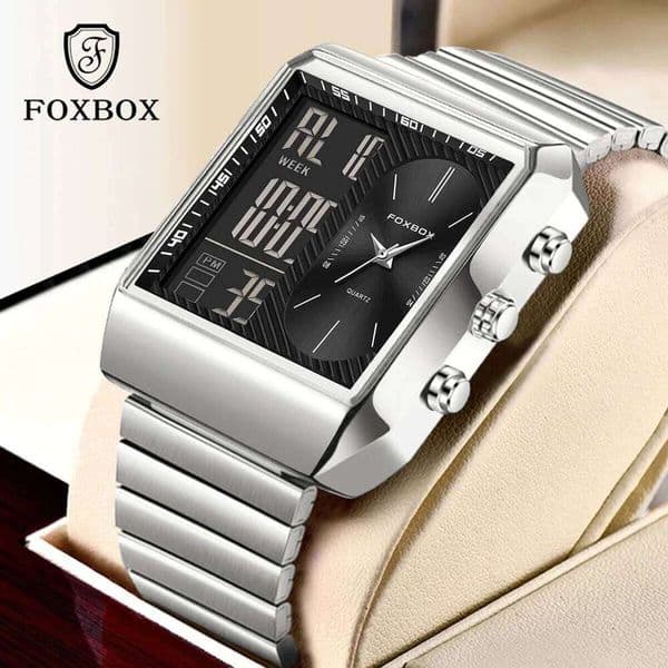 FOXBOX Dual Display Man Stainless Steel Luminous Quartz Watch Waterproof Chronograph Business Men's Digital Watches+Box