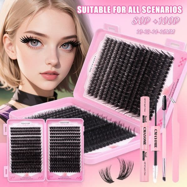 DIY Individual Lashes Fluffy Wispy 600Pcs DIY Cluster Lashes Kit with Lash Bond & Seal Reusable Hand Made D Curled Cluster Segmented Lash Extensions