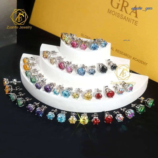 Zuanfo Gems 8Mm 6 Prong D Color VVS Moissanite Diamond 925 Silver Push Back Stud Earring Colorful Earrings