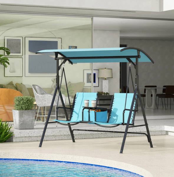 2 Person Outdoor Patio Swing Porch Swing with Cup Holders Canopy Storage Table Cup Holder for Sun Protection Blue Umbrella Shelter