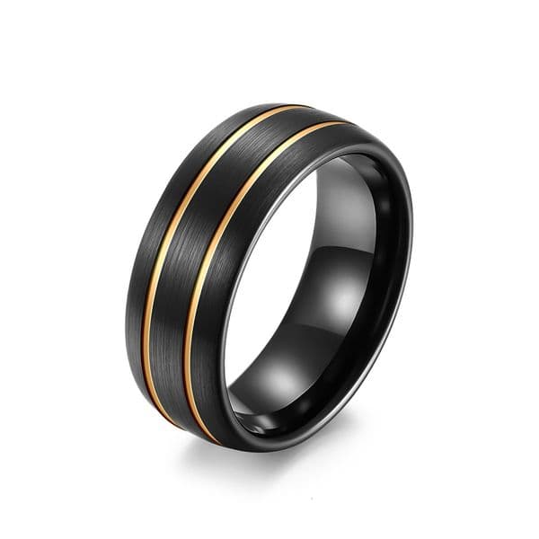 8MM Fashionable Brushed Matte Black Double Groove Steel for Men, Double-Color Coated Scratch-Resistant Tungsten Gold Index Finger Ring