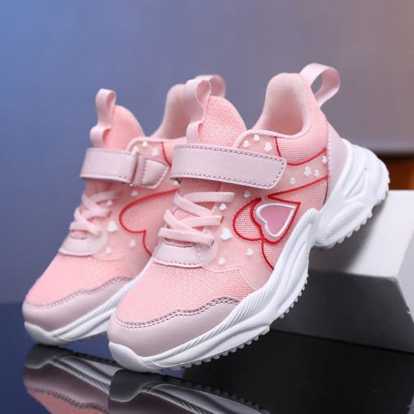 Free Shipping Girls Sneakers Toddler Girls Pink Heart Sneakers Strap Closure Breathable Mesh Fashion Casual Shoes Lightweight Non-Slip Kids Walking Shoes Size28-38