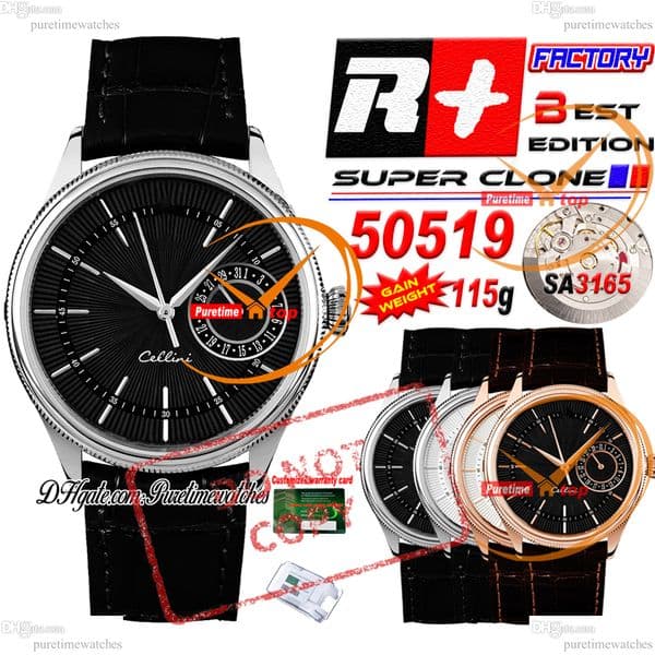 Cellini Date 50519 A3165 Automatic Mens Watch R+F 39mm Black Stick Dial Leather Strap (Weighted) 115g With Same Serial Card Puretimewatches CHS Reloj Hombre
