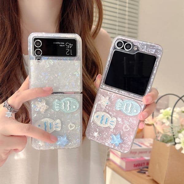 ZFlip7 Bling 3D Fish Star Cases For Samsung Galaxy Flip 7 6 5 4 3 Luxury Shinny Love Heart Hard PC Plastic Pearl Crystal Pretty Mobile Smart Cell Phone Back