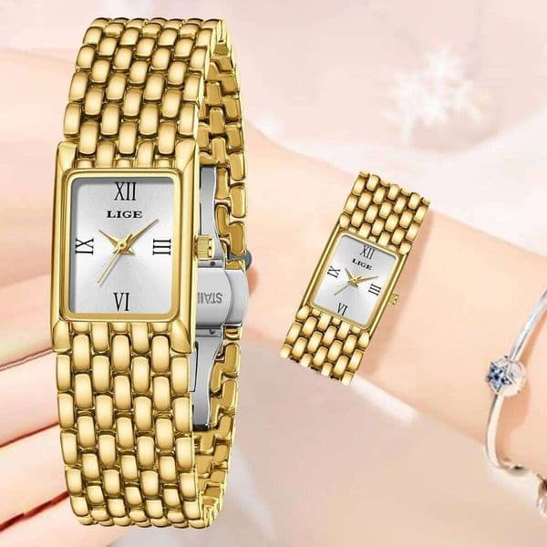 LIGE New Elegant Ladies Small Square Quartz Wristwatches Luxury Gold Stainless Steel Women Watch Fashion Gift Watches