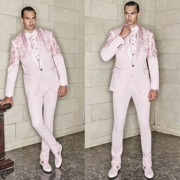 Pink Lace Appliqued Men Groom Suits 2 Pieces Shawl Lapel Pocket Jacket Customized Formal Evening Party Male Clothing