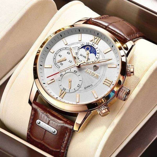 LIGE Man Fashion Business Sport Moon Phase Quartz Watches Luxury Rose Gold Case Waterproof Luminous Chronograph Mens Watch