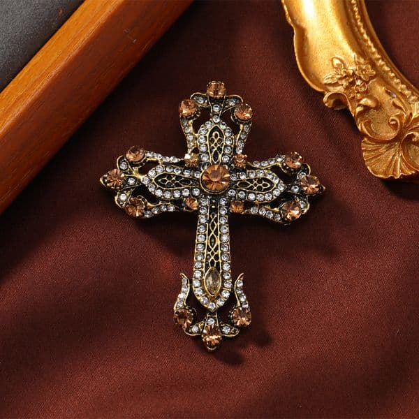 Vintage second-hand rhinestone cross brooch, European and American men's court-style suit jacket pin accessory