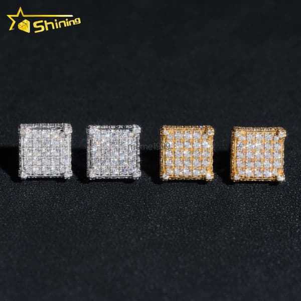 Hot Sale square Shape Earrings 10K Gold Moissanite Ear Stud Trendy Unisex Lab Diamond Screw Back Earring