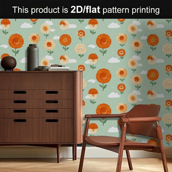 Lovely Smiley Sunflower Floral 2D Flat Printing Wallpaper | Self-Adhesive Peel and Stick Wall Sticker for Children's Bedroom Aesthetic Decor