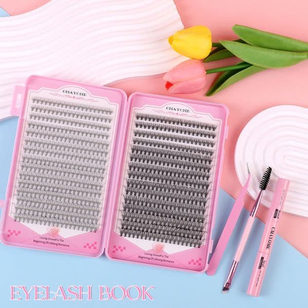 600 Clusters DIY Lashes Kit with Lash Adhesive Tweezer Thick Fluffy Individual Eyelashes Soft Vivid Handmade Reusable D Curled DIY Segmented Eyelash Extensions