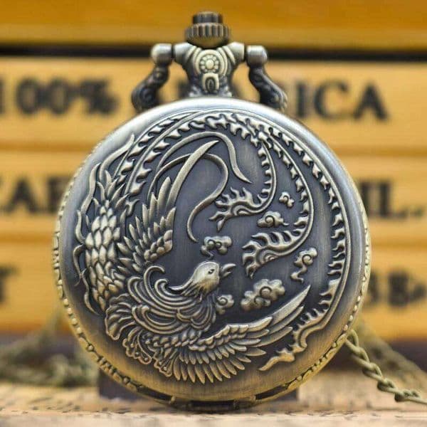 Vintage Bronze Ancient Chinese Mythology Phoenix Carved Quartz Pocket Watch Necklace Clamshell Gift For Male And Female Students