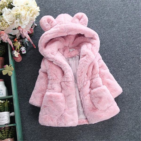 Girls Autumn and Winter Cotton Coat Toddler Rabbit Ear Furry Sweater Faux Fur Childrens Winter Thickened Cotton Jacket
