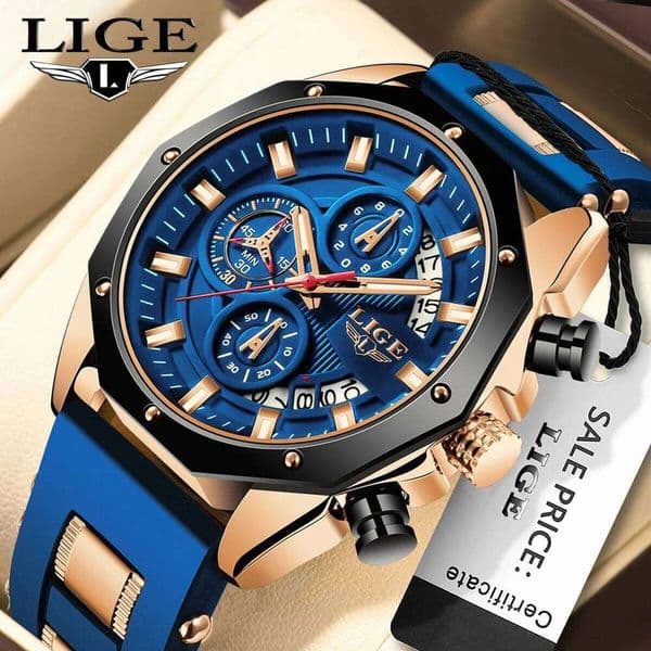 LIGE Mens Fashion Military Calendar Sports Man Watch Blue Silicone Strap Waterproof Chronograph Quartz Watches for Men