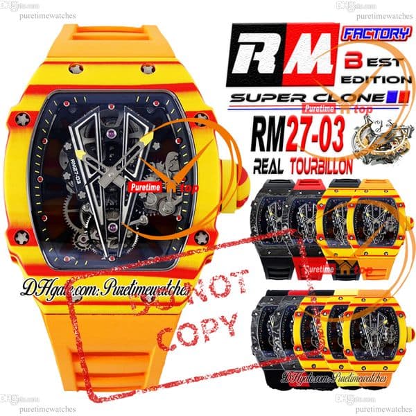 27-03 NTPT Real Toubillon Hand Winding Mens Watch Rafael Nadal RMF Red Yellow Carbon Case Skeleton Dial Rubber Strap Puretimewatches CHS Reloj Hombre Montr A07