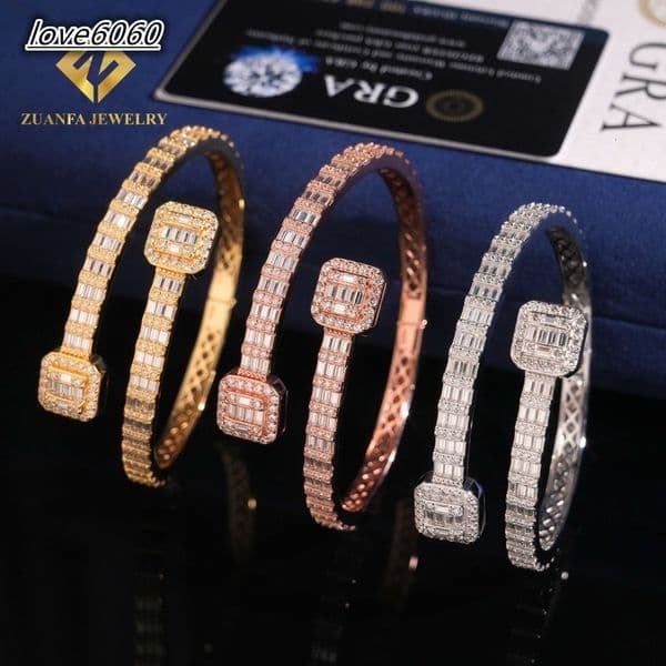 2026Hot Sale Jewelry VVS Moissanite Bracelet Hip Hop 925 Solid Silver Baguette Moissanite Diamond Bangle Bracelet GRA Certificated