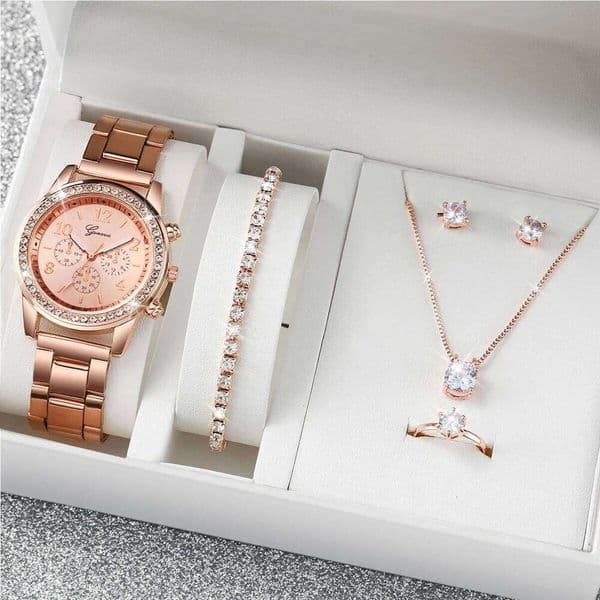 6PCS/Set Fashion Rhinestone Women's Watch Stainless Steel Band Quartz Watches Diamond Jewelry SetWithout Box