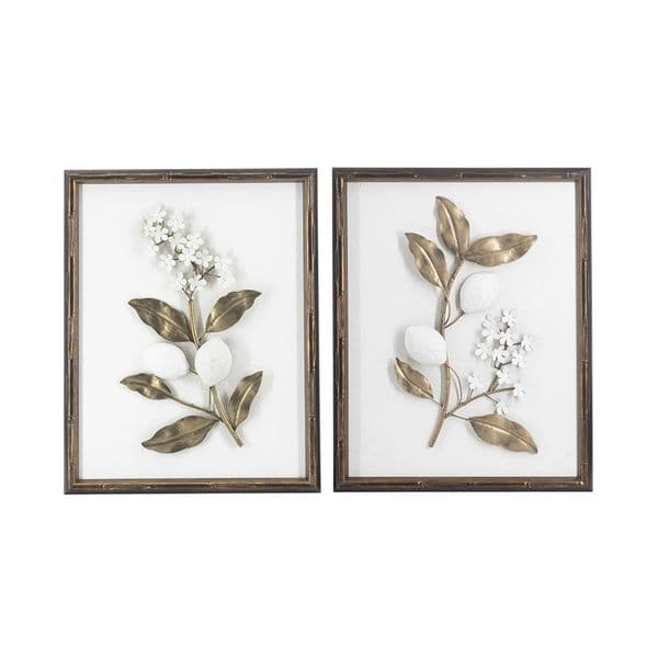 S/2 13x1.9x16.9" Gold and White Botanical Wall Art Pieces with Brown Frames