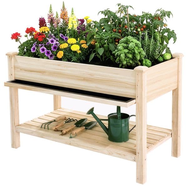 Raised Garden Bed 48x23x31.1-inch Elevated Wood Planter with Water Collection Tray Storage Shelf Protective Liner