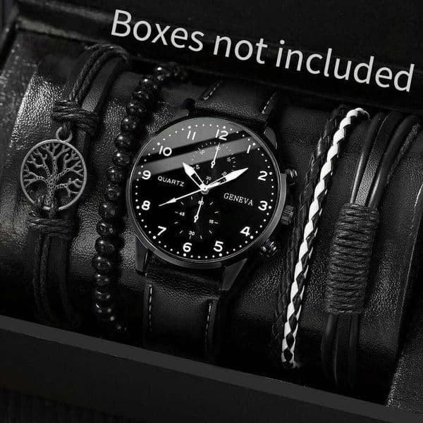 5PCS/Set Men's Watch Fashion Arabic Dial Analog Quartz Watches Vintage Leather Bracelets SetWithout Box