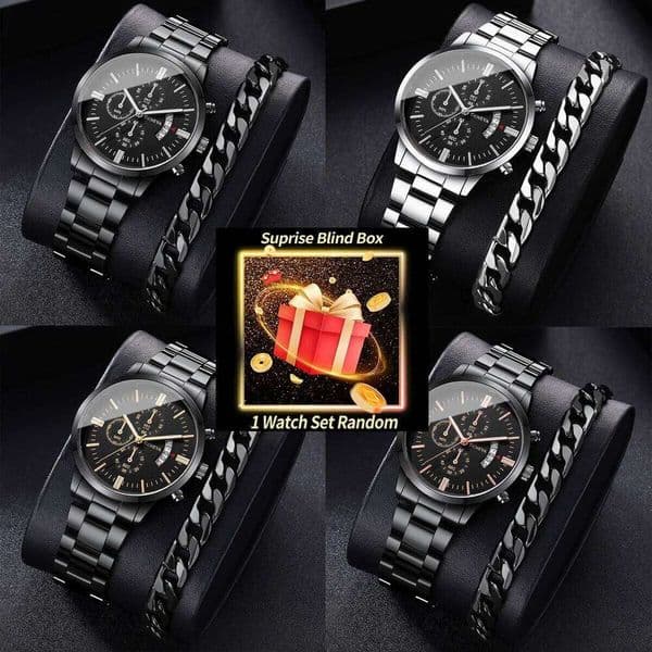 Surprise Mystery Blind Box-2PCS/Set Fashion Men Business Watches Male Calendar Quartz Watch Bracelet Set Reloj Hombre