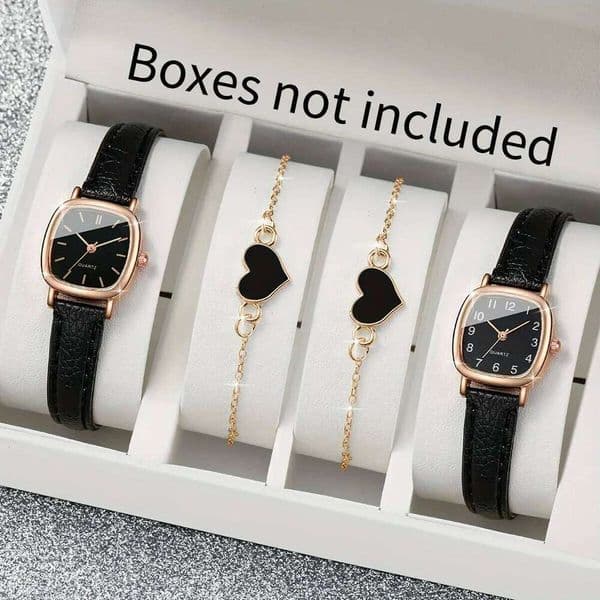Ladies PU Leather Strap Square Quartz Wristwatch Set with Heart Charm Bracelet 4 Pcs/Set - No Box Included