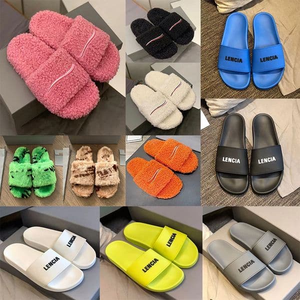 Womens Slides Furry Slippers Designer balenciegessslides Fall Winter Homewear Slide Men Footwear Paris Luxury Fuzzy Slippers pink logo embroidered Size 35-45