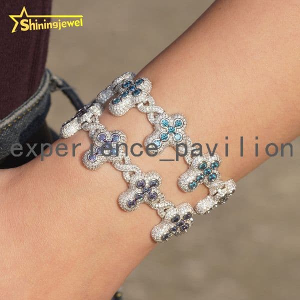 Fine Hip Hop Jewelry Cross Bracelet Iced Out VVS Moissanite 925 Silver Blue Purple Diamond Jewelry Infinity Cuban Bracelet