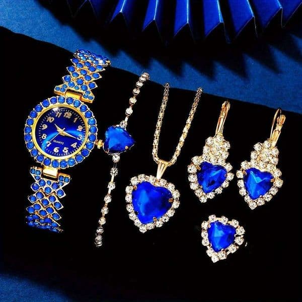 6pcsand5pcswomen's elegant rhinestone quartz blue fashion watch and synthetic gemstone jewelry set