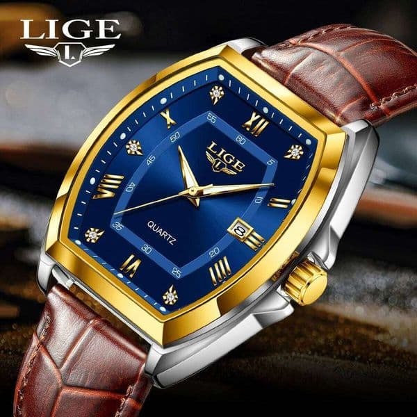 LIGE Men's Watches Luxury Original Top Brand Quartz Watch for Men Leather Waterproof Luminous Diamond Dial Date Male Wristwatch