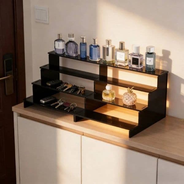 Black Acrylic Multi Tier Display Stand Shelf Organizer Desktop Riser for Perfume Cupcake Figures Cosmetic Storage Home Office