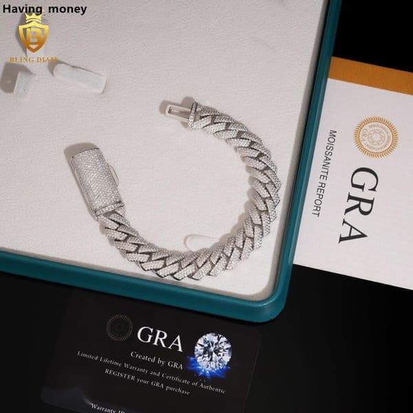 Fashion 13mm Moissanite Chain Bracelet Mens Pass Diamond Tester VVS Iced Out Moissanite HipHop Style Chain 925 Silver with GRA