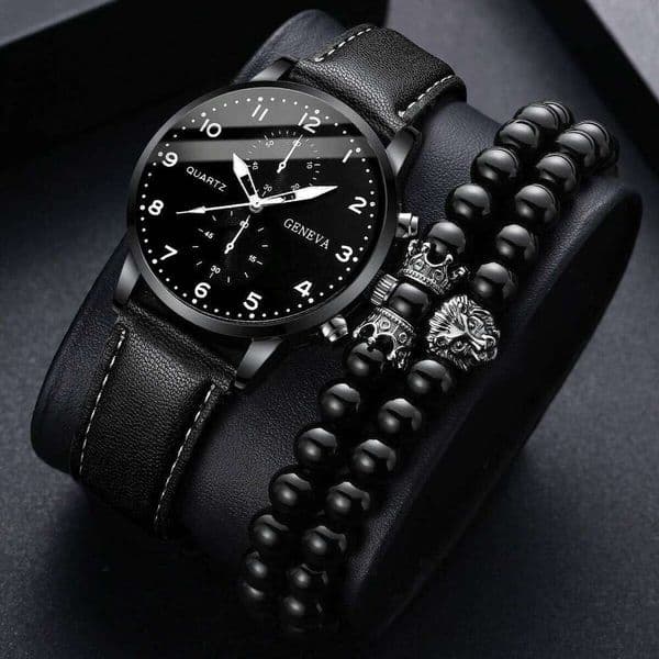 3PCS/Set Men's Watch Casual Leather Band Quartz Watches Beads Bracelets SetWithout Box