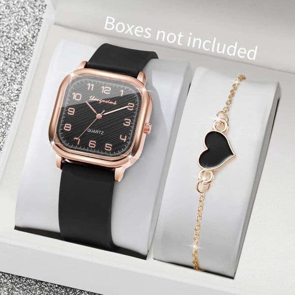 2PCS Fashion Square Women Watches Heart Bracelet Set Casual Silicone Strap Quartz Watch Reloj MujerWithout Box