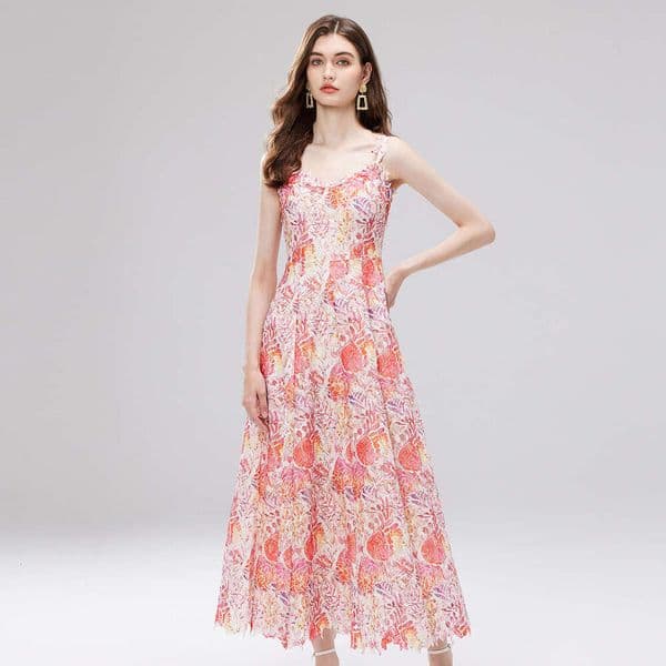 2026 designer French court style printed women's vest summer mesh hollow waist design unique long skirt