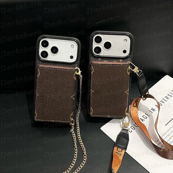 Designer Floral Print Phone Case for iPhone 17 Pro Max 16 15 14 13 Leather Folio Card Pocket Shoulder Chain Crossbody Luxury Cover iPhone17 16pro 15pro Shoulder Shell