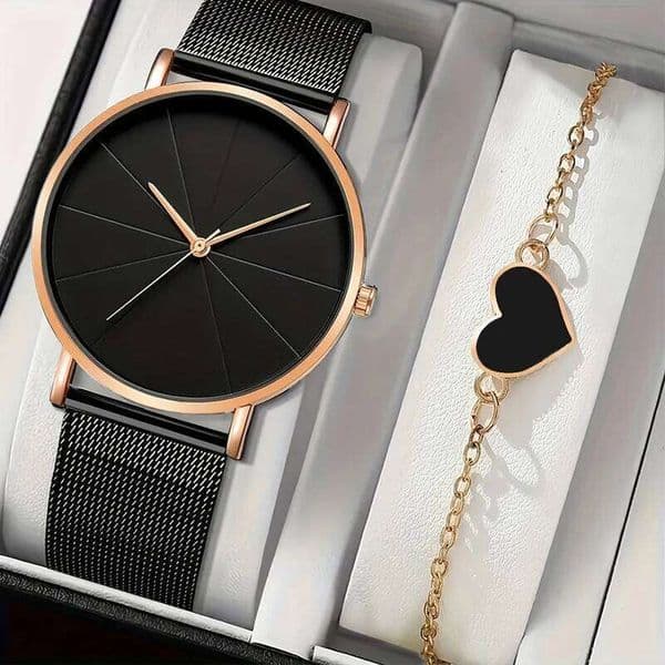 1 pcs fashionable men's business mesh quartz watch paired with 1pcs of heart-shaped bracelet