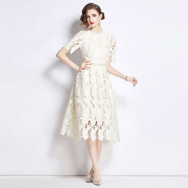 Fashionable and elegant short-sleeved round-neck waist-cinching slimming mid-length B15 A-line dress with hollow-out water-soluble lace
