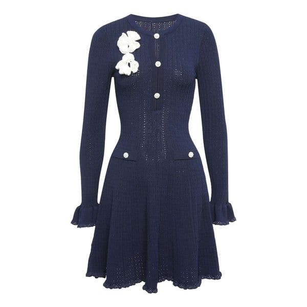 2026 Autumn New Small Fragrant Style Three Dimensional Flower Round e22 Neck Hollow out Slimming Women's Long Sleeve Knitted Dress