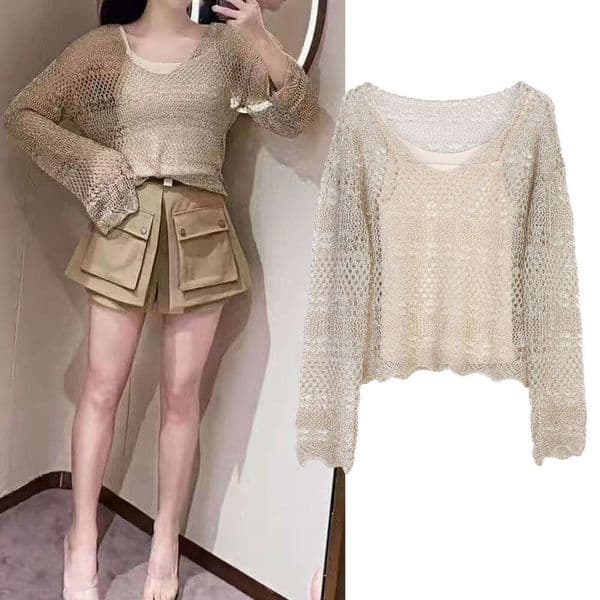 European and American gold thread top, spring and X21 summer new fashion hollow French long sleeved pullover sweater, knitted sweater 2026