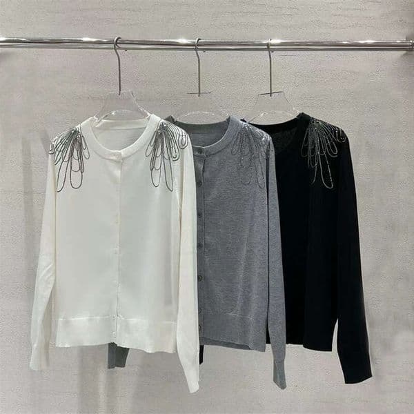 2026 designer shoulder bead chain embroidered round neck long sleeved knitted women's spring A16 and autumn cardigan wool sweater