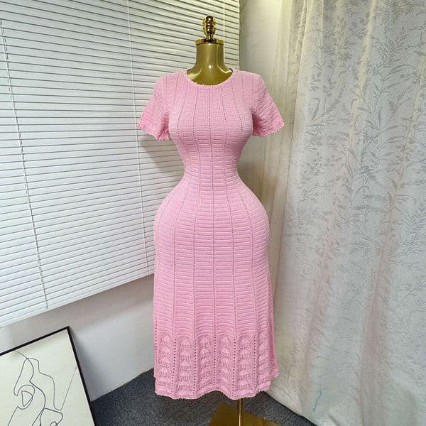 2026 Summer Designer Elegant Round Neck Bead B15 Decor Hollow out Slimming Fashion Women's Short Sleeve Knitted Dress