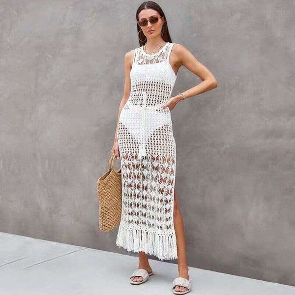 New European and American style hollow knitted sexy beach bikini cover swimsuit vest tassel long D19 skirt 2026