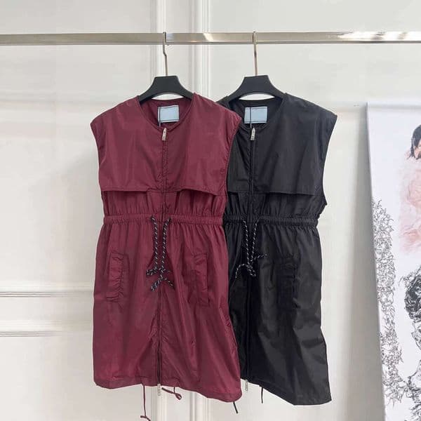2026 Spring and Summer Women's High end Drawstring A5 Waist Designer Wine Red Nylon Dress