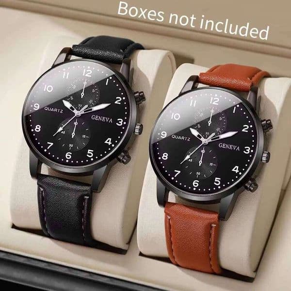 2PCS Three eye business casual trendy belt quartz high-end atmospheric watch large dial light luxury