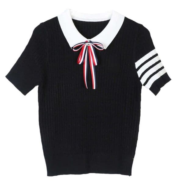 2026 Women's Short sleeved Butterfly Knot Embroidered Dog Pattern Simple Four Stripe Polo Neck Fashion TB Knitted Shirt