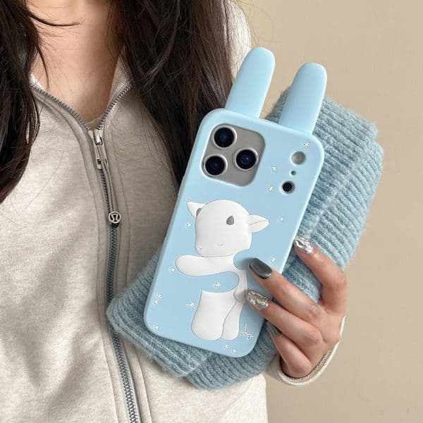 Cute Hugging Sheep Silicone Phone Case for iPhone CASE 17 17Pro 17ProMax 16 15 14 13 ProMax 3D Bunny Ears Shockproof Protective Cover