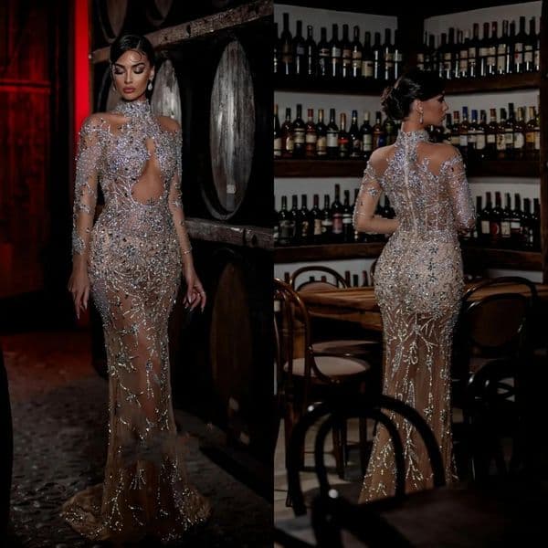 Exquisite High Neck Sequins Prom Dresses Sexy Long Sleeve Beading Evening Dress Customized Floor Length Party Gown