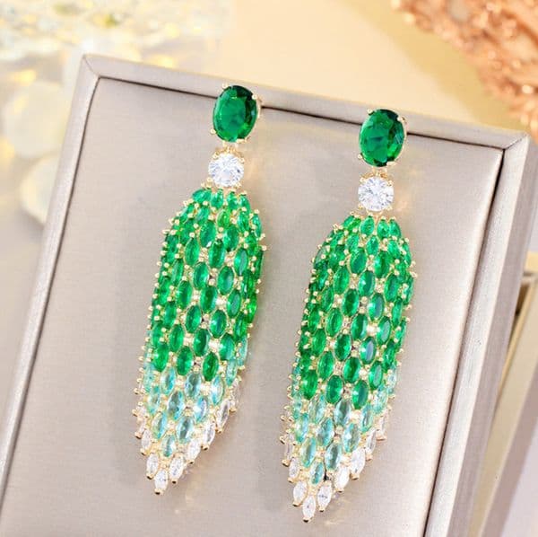 Luxury Big Charm Gold Earring Designer for Woman Party Green AAA Cubic Zirconia South American Copper 925 Silver Sterling Post Bridal Earrings Wedding Engagements