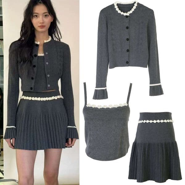 2026 autumn and winter new long sleeved vest skirt set, short French slim fit retro elegant women's knitted jacket